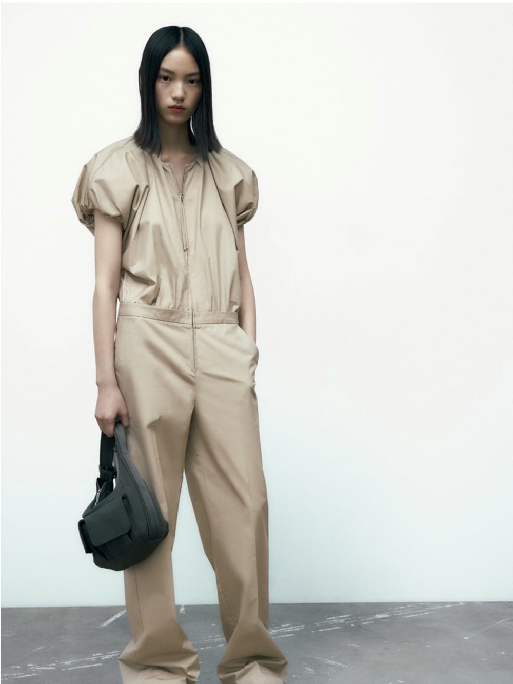Zara Beige Puff-Sleeve Utility Jumpsuit
